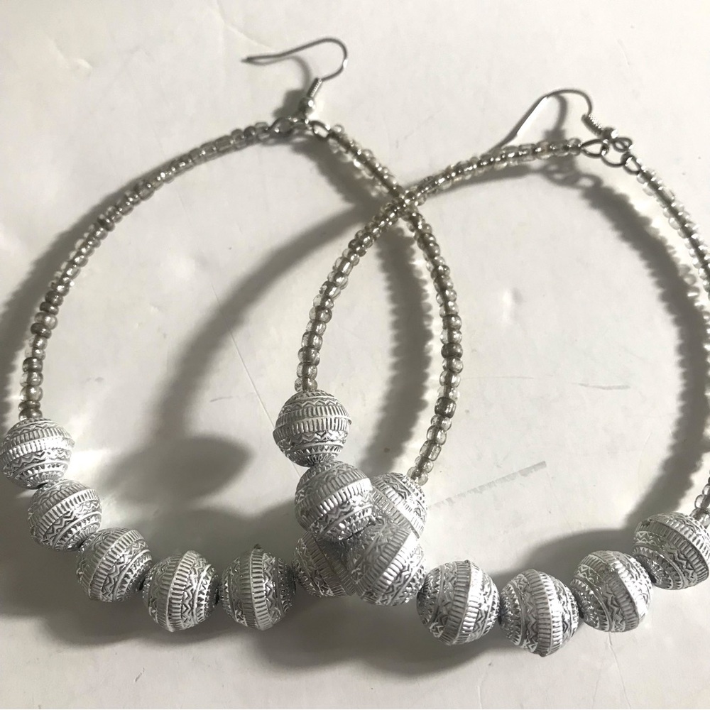 Silver Beaded Hoop Earrings - Women Jewelry